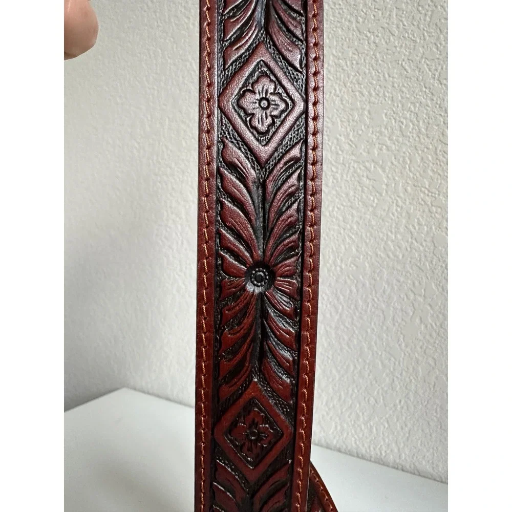 Justin Mens Brown Tooled Leather Western Belt Size 34 Made in USA C13785 NEW